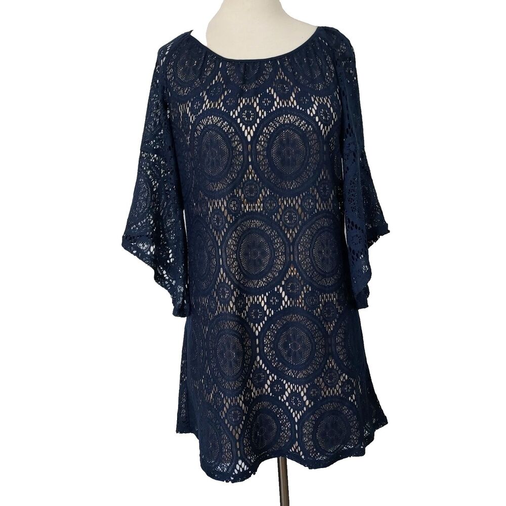 Tacera Crochet Lace Dress Womens size Small Navy Blue Medallion Lined NWT